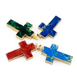 Natural Monarch Stone Gold Plated Crosses Pendant Necklace Christianity Jesus Cross Religious Reiki Jewelry Healing Amulet Hanging Accessory Wholesale