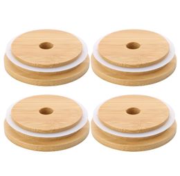 70mm/86mm Wide Mouth Reusable Bamboo Lids Mason Jar Canning Caps With Straw Hole Non Leakage Silicone Sealing Wooden Covers Drinking Storage Jar Lid