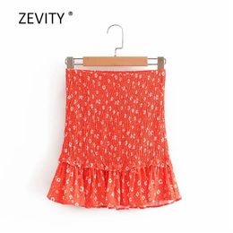 Zevity Women floral print elastic ruffles pleated slim mini skirt faldas mujer ladies patchwork ruffle vestido skirts QUN649 210629