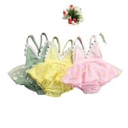 Rompers Infant Baby Girl Lace Halter V Neck Backless Daisy Floral Bodysuit Tutu Jumpsuit Ruffle Clothes