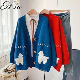 H.SA Women Sweater Cardigans Cartoon Jackets V neck Pockets Loose Style Oversized Knit Christmas Cardigans winter clothes W 210716