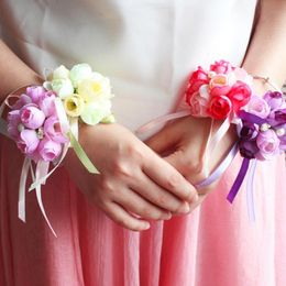 Wedding Wrist Flower Rose Silk Ribbon Bride Corsage Hand Decorative Wristband Bracelet Bridesmaid Curtain Band Clip Bouquet Flowers & Wreath