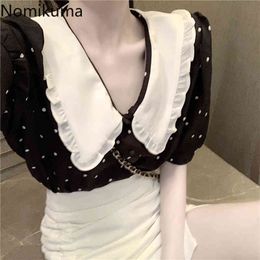 Nomikuma Korean Polka Dot Blouse Women Hit Color Peter Pan Collar Tops Causal Puff Short Sleeve Sprign Summer Shirt 6F845 210427
