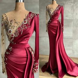 Dark Red Evening Dresses Sheer Jewel Neck Beaded Long Sleeve Mermaid Prom Dress with Crystal Women Formal Party Gown
