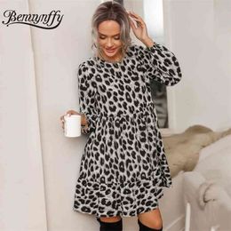 O-Neck Leopard Print Ruffle Hem Casual Dresses Fashion Spring Women Long Sleeve Loose Mini Dress Clothes Female 210510