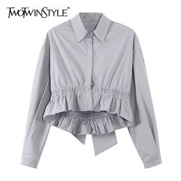 Patchwork Ruffle Shirts For Women Lapel Collar Long Sleeve Ruched Hollow Out Short Female Fashion 210524