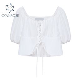 Women's White Crop Blouses Mori Girl Slash Neck Sexy Streetwear Drawstring Lace up Design Shirts Female Short Sleeve Summer Tops 210515