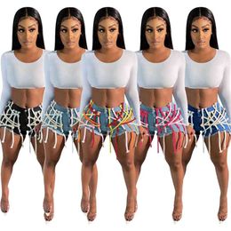Fashion Ribbon Women Jeans Shorts INS test est Summer High Waist Pockets Straight Streetwear 5 Colors 210629