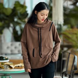 Johnature Women Vintage Pullover Sweatshirts Solid Colour Patchwork Pockets Hooded Terry Autumn Long Sleeve Female Hoodies 210521