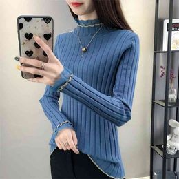 Women's Lace Bottoming Shirt Autumn Winter Solid Colour Long-sleeved Half-high Collar Knitted Sweater Women 210427