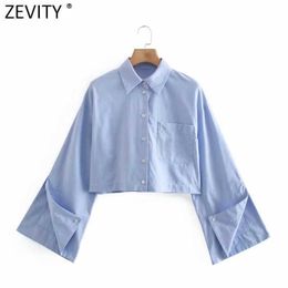 Zevity Women Fashion Pocket Patch Business Smock Blouse Femme Split Long Sleeve Breasted Short Shirt Roupas Chic Tops LS9109 210603