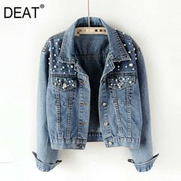 DEAT Fast Delivery Autumn Fashion Womens Denim Jacket Full Sleeve Loose Button Pearls Short Lapel Wild Leisure AP446 211014