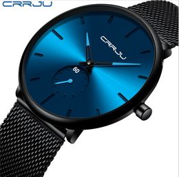 Dünne blaue Zifferblatt CRRJU Marke Elegante Herrenuhr Einfache Design Studenten Uhren Edelstahl Mesh Gürtel Mann Armbanduhren