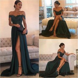 Split Dark Green Prom Dresses 2021 Off-the-shoulder Lace Top Floor Length High Side Chiffon Long Arabic Evening Formal Dress Cheap