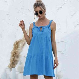 Sling Solid Ruffle Stitching A-Line Summer Dress Women Sexy V-Neck Lace Up Casual Sleeveless Loose Mini es 210522