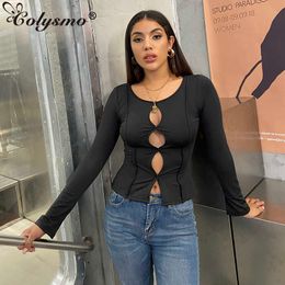 Colysmo Long Sleeve Top Women Cut out O Neck Crop Fashion y2k Tops Autumn Lady Sexy Slim Fit Club T Shirt Black Clothes 210527