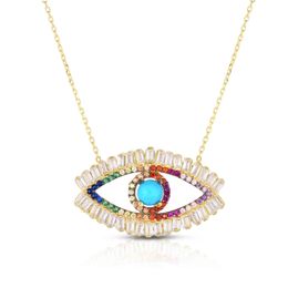 rainbow cz baguette cubic zirconia turquoises stone paved Gold color turkish evil eye necklace 2019