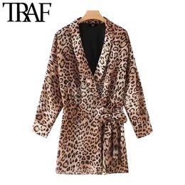 TRAF Women Sexy Fashion With Belt Leopard Print Wrap Playsuits Vintage V Neck Long Sleeve Female Jumpsuits Mujer 210415