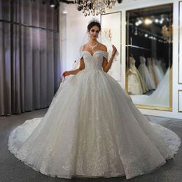 Sparkling Ball Gown Wedding Dresses Off Shoulder Appliqued Sleeveless Sequins Lace Bridal Gowns Custom Made Abiti Da Sposa 328 328