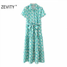 Women fashion short sleeve Floral Print Shirtdress office lady bow tie sashes Casual slim Vestido Chic Dresses DS4524 210420