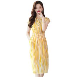 Summer Dress Women Yellow Stripe S-2XL Plus Size Shirt es Korean Office Elegant Bow Slim Short Sleeve LR213 210531