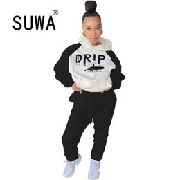 Women Letter Printed Hoodies Sweatshirt Top And Jogger Baggy Pants Casual Two Piece Matching Sets K-Pop Cool Girl Streetwear 210525