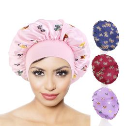 Women Print Satin Bonnet Elastic Band Hijabs Head Wrap Brimmed Night Sleep Hair Care Cap Butterfly Pattern Hat Soft Headcover