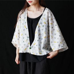 Johnature Summer Clothes Regular Half Batwing Sleeve Vintage Print V-neck Tops Casual Smock Shirts Women Blouses 210521