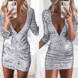 Women Short Gold Sequin Dress party Female Sexy Deep V Neck Solid Club Wear Bodycon Mini Vintage Vestido Lentejulas Long Sleeve 210517