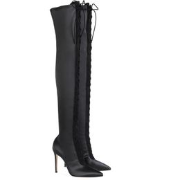 Boots Classic Elegant Pure Black Over The Knee Pointed Toe Lace Up Stiletto Heel Stretch