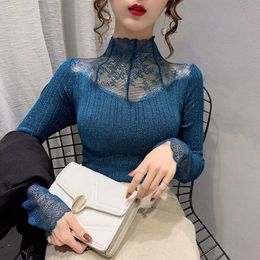 Sexy Lace Stitching Sweater Shirt 2021 Spring Half Turtleneck Female Long-Sleeved Render Unlined Slim Elegant Top Knit-Shirts X0721