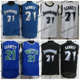 Mens Vintage 1995-96 Basketball Jerseys Kevin 21 Garnett Rookie Blue Black White Stitched Shirts