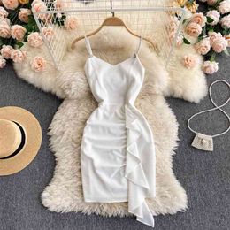 Women Fashion Sexy V Neck Sleeveless Ruffled Fold Slim Diamond Tassel Mini Package Hip Dress Clothes Vestidos S762 210527