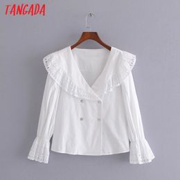Women Retro Embroidery Oversize Collar Long Sleeve Chic Female White Blouse Shirt Tops 3H150 210416