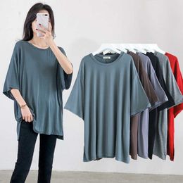 soft viscose women summer T-shirt casual loose O-neck half sleeve split out long tees W818 210526