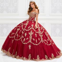 Shining Lace Appliqued Ball Gown Quinceanera Dresses Sequined Off The Shoulder Neck Prom Gowns Floor Length Tulle Sweet 15 Masquerade Dress