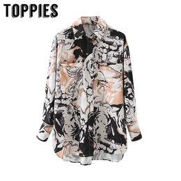 Toppies Spring Long Sleeve Blouses Ink Printing Pockets Blouse Top Women 210412