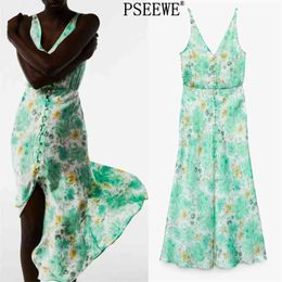 Summer Woman Dress Green Floral Print Long Women Elegant V Neck Sleeveless Midi Strap Sexy Party es 210519