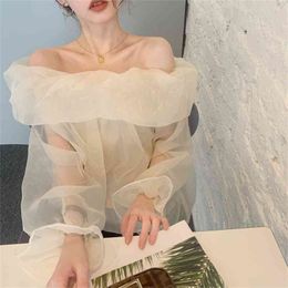 Korean Chic Gentle and Feminine Look Thin Off Shoulder Loose Organza Long-sleeved Sunscreen Shirt Blouse Women 210529