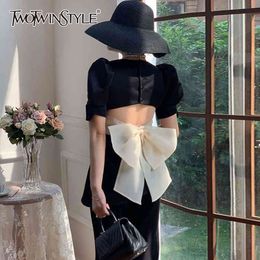 Sexy Black Shirt For Women Square Collar Short Sleeve Backless Patchwork Bowknot Slim Blouses Female Summer 210524