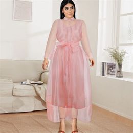 Plus Size Shirt Dresses for Women 4XL Two Piece Set Long Sleeve See Through Causal Office Daily Party Wear Robes with Waist Belt 210527