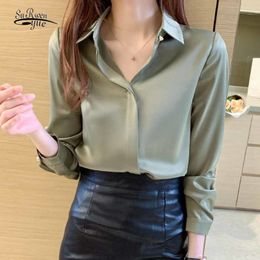 Korean Style Autumn Lapel Temperament Business Blouse Elegant OL Chiffon Satin Shirts Women Long Sleeve Solid Blue Tops 12128 210508