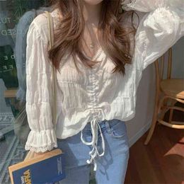 Spring Chic Style Flare Sleeve Sweet Lace White Shirts Drawstring Design V-neck Short Shirt Women Blouses High Quality S111 210512