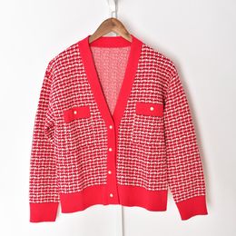 2021 Autumn Fall Long Sleeves V Neckline Red Cardigan French Style Houndstooth Knitted Double Pockets Contrast Trim Single-Breasted Sweaters G122002