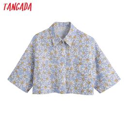 Women Flowers Print Loose Cropped Shirt Vintage Short Sleeve Patch Pockets Female Shirts Blusas Chic Tops BE621 210416