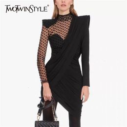 Elegant Asymmetrical Dot Dresses Female Stand Collar Puff Sleeve High Waist Ruched Mesh Dress Women Fashion Clothes 210520