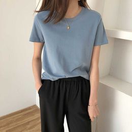 Soft Cotton Woman T-shirt Casual Short Sleeve O Neck Tops Women 2020 Summer Solid Colour Basic Tees 6 Colours Y0621