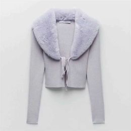 Women Sweet Fur Collar Splicing Knitting Sweater Female Lace Long Sleeve Cardigan Chic Top 210922