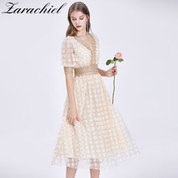 French Elegant Three Dimensional Floral Embroidery Women Lantern Sleeve V-Neck Lace Female Cocktail Party Dress 210416