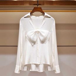 Spring V-neck Top White Full Bow Office Lady Women Shirts 210615